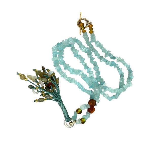 Handcrafted Blue Aquamarine Chip Bead Jade Nephrite Necklace With Tassel Multi-S - Picture 8 of 11